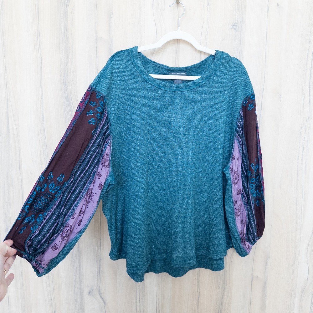 Chelsea & Theodore Womens Waffle Knit Top 2X Teal Boho Paisley Mixed Print Boho